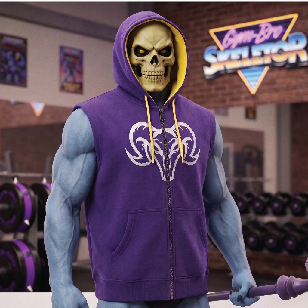 Skeletor musculoso usando el Hoodie Gym Bro Skeletor sin mangas morado con capucha, entrenando con barra en el gym