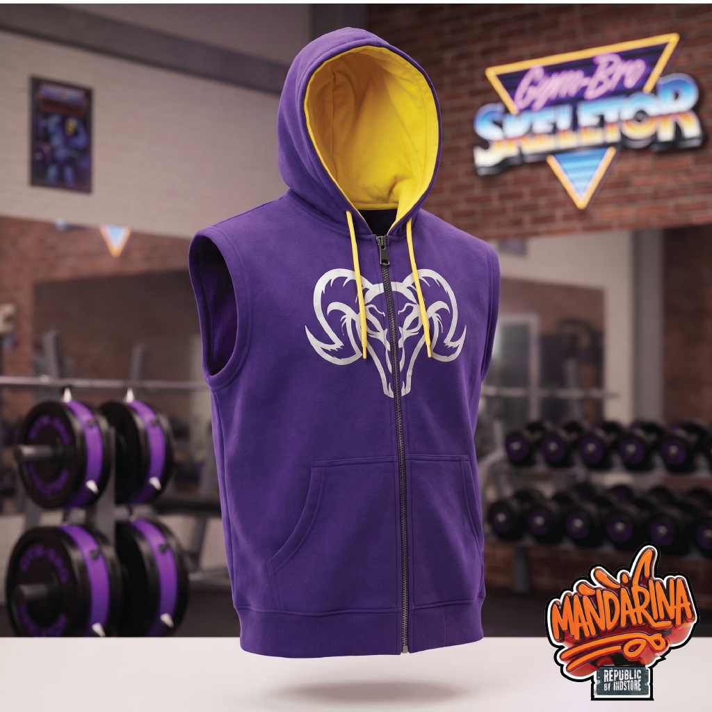 Hoodie Gym Bro Skeletor sin mangas morado con capucha amarilla y logo de carnero blanco, vista frontal en el gym