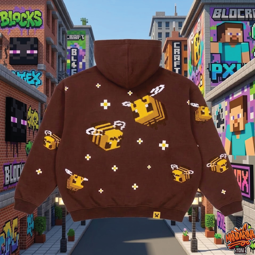 Vista trasera Hoodie Minecraft Ecuador - Sudadera marron gamer abejas | Mandarina Republic