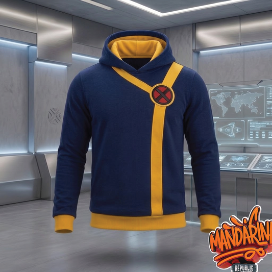 Hoodie Cíclope X-Men Ecuador - Vista lateral, sudadera Marvel azul premium | Mandarina Republic