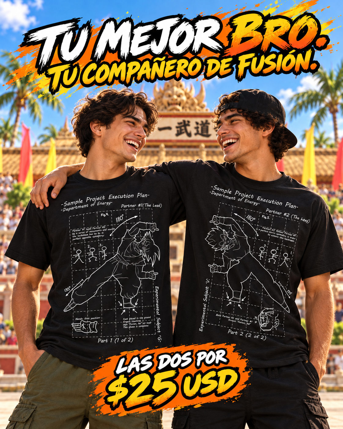 Dos amigos con las camisetas fusión Goku y Vegeta