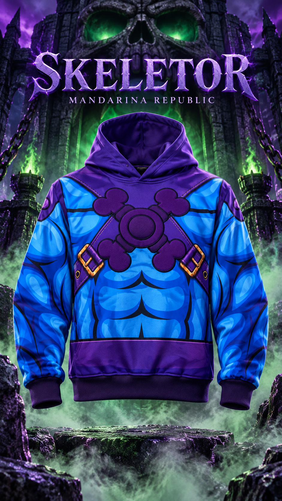 Hoodie Skeletor de Mandarina Republic con músculos azules y emblema morado, de frente