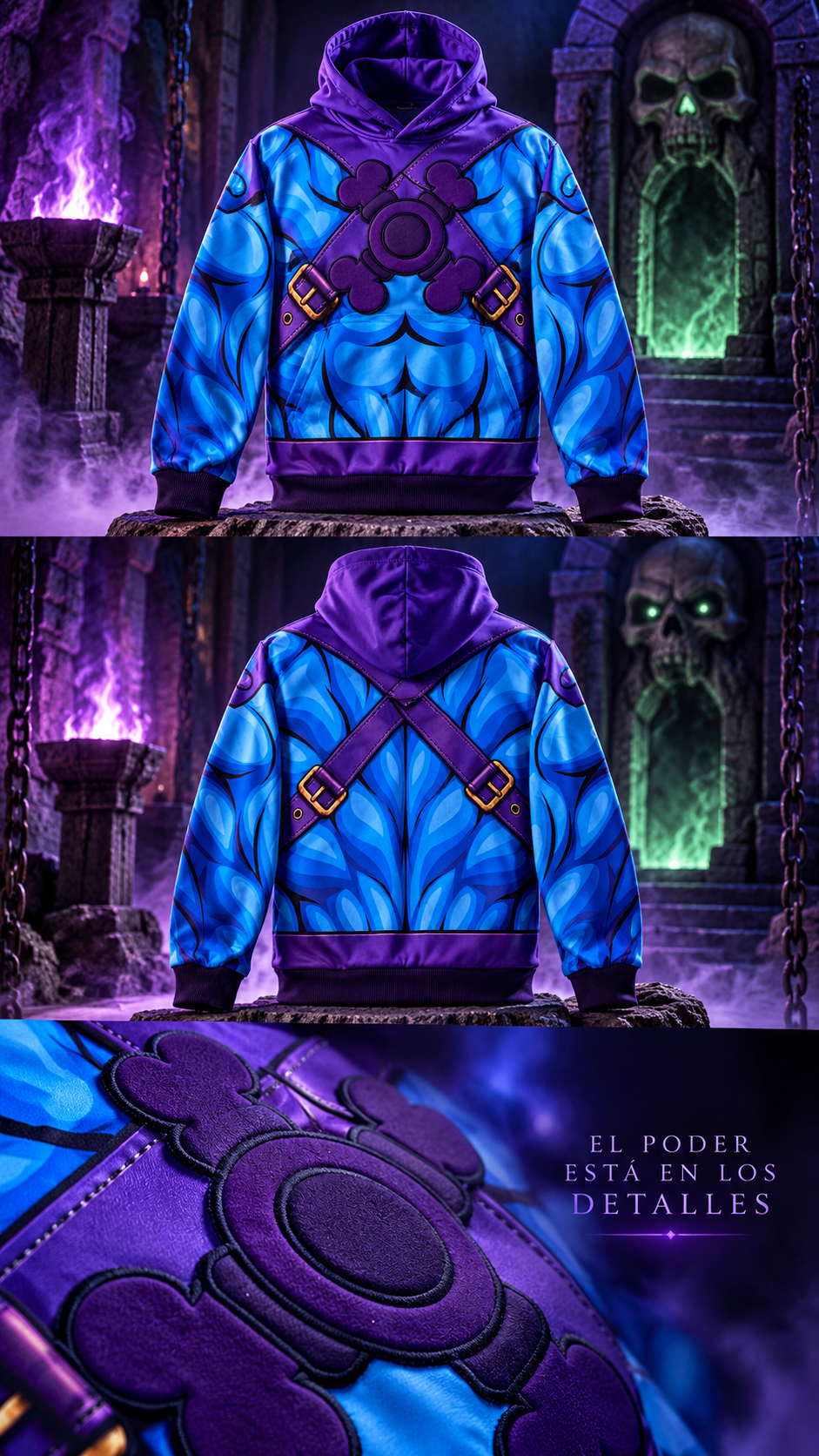 Detalle del emblema de huesos en aplique morado del hoodie Skeletor