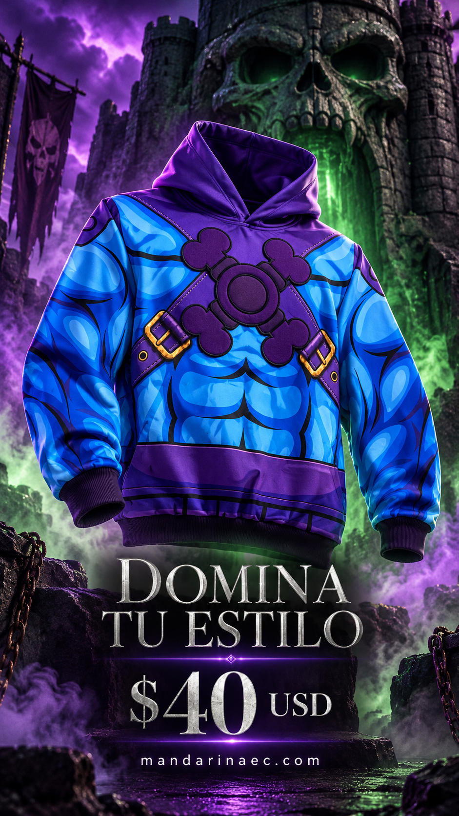 Hoodie Skeletor en fortaleza de niebla