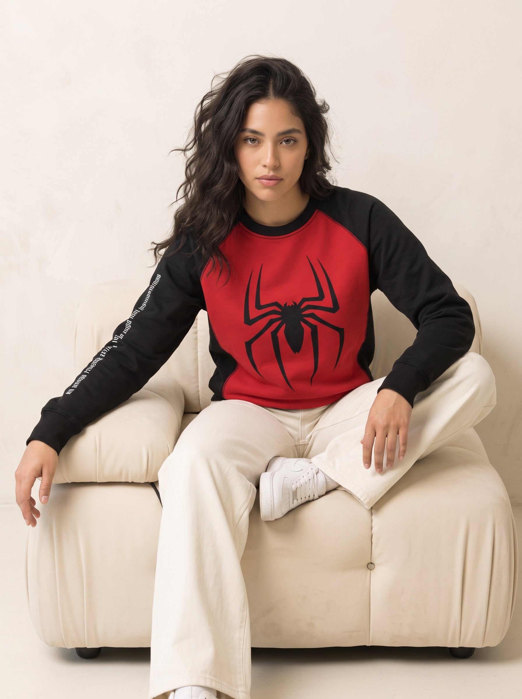 Mujer con buzo Spider-Man rojo y negro sentada en un sillón