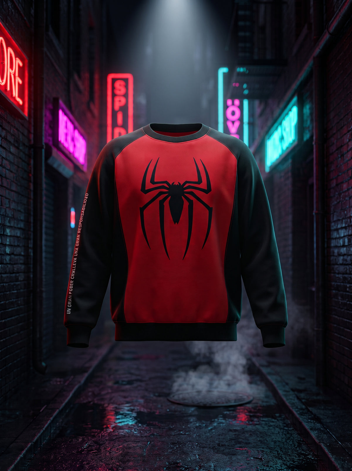 Buzo Spider-Man rojo con mangas negras vista frontal con logo de araña